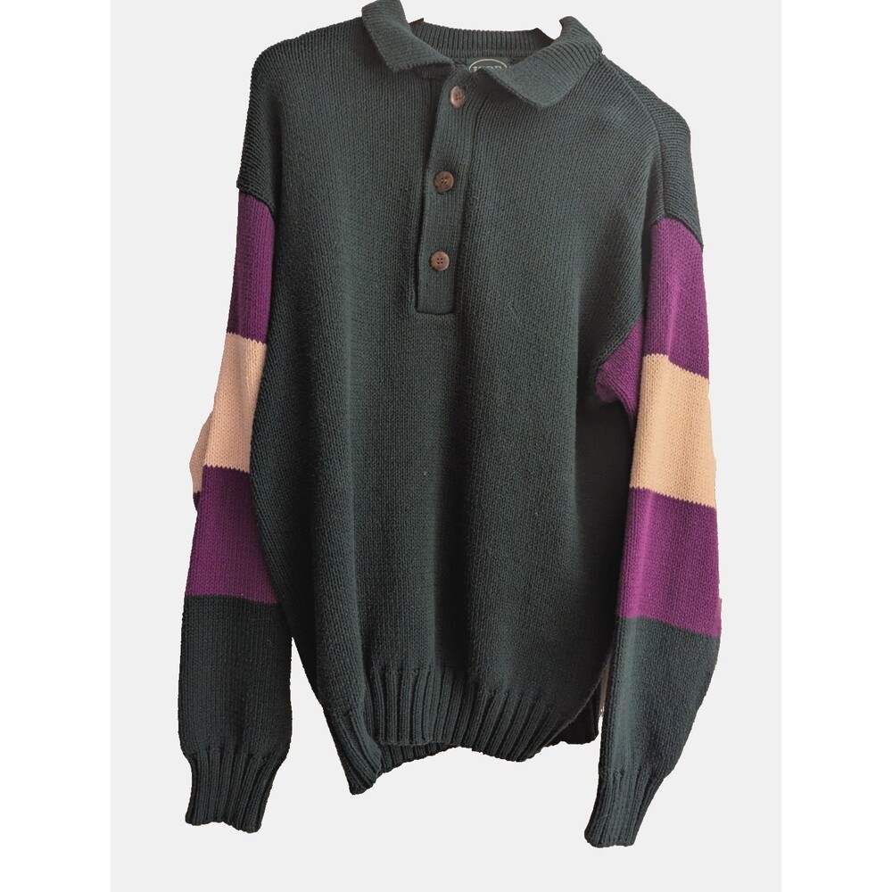 Izod  Pullover Sweater Men’s XL 100% Cotton Green/Purple/Cream  VTG